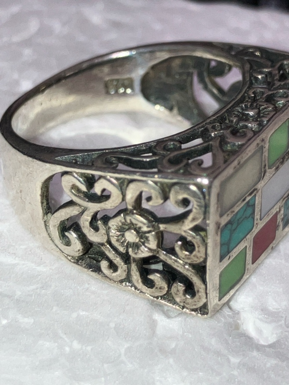Sterling Silver Multicolor Inlay Wide Band Ring - Blue Green Pink Cream - Picture 7 of 9